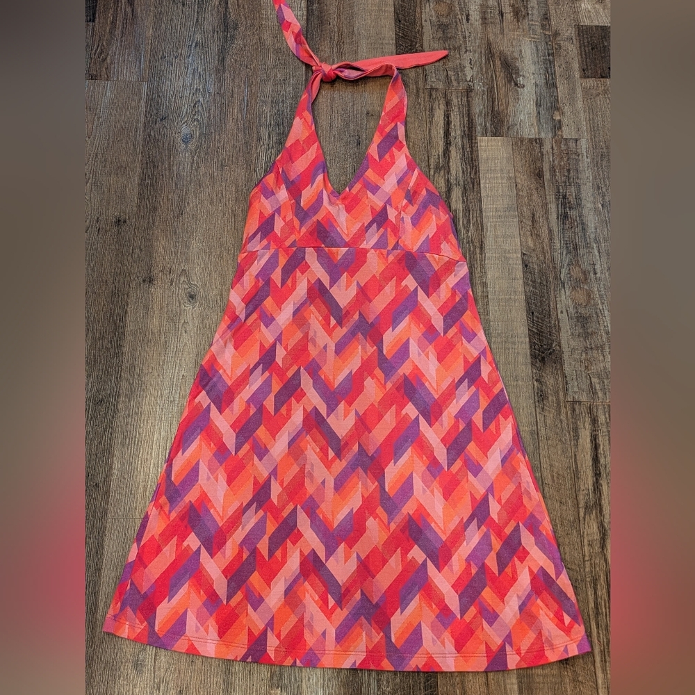Ibex Kira 100% Merino Wool Halter Dress Pink Chevron Geometric Pattern Sz S